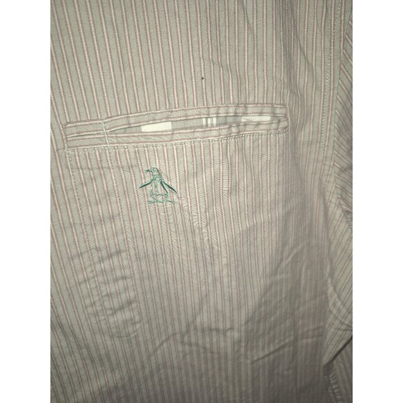 Original Penguin Heritage Slim Fit Short Sleeve Striped Button-Down Shirt L Beig - Picture 2 of 8